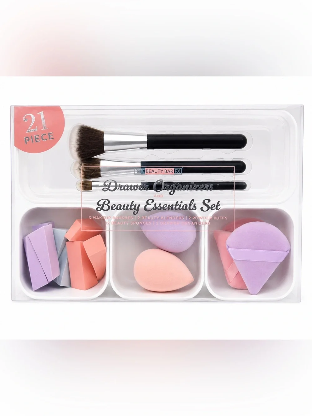 Beauty Bar FX Drawer Organizers & Beauty Essentials Set - Pink, Lavender, Peach